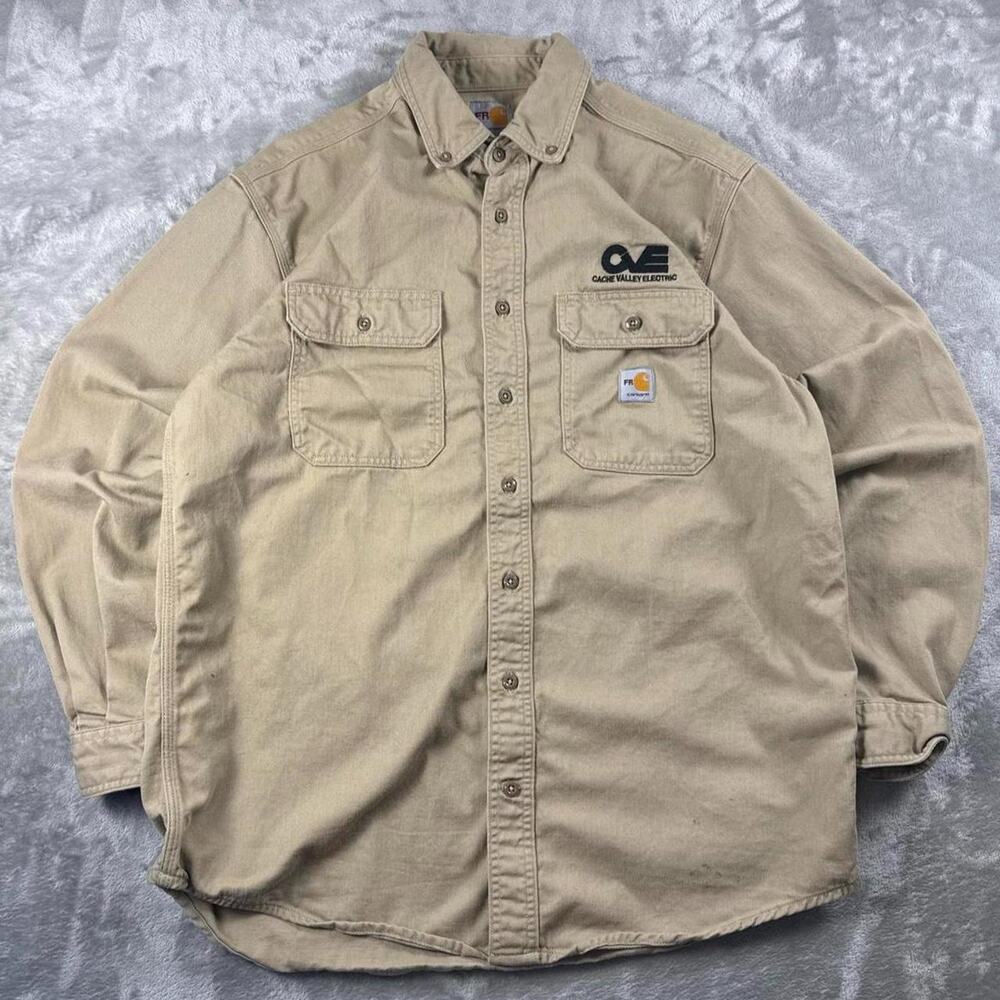 Carhartt FR Shirt Mens Large Khaki Button Down Long Sleeve Workwear FRS160 KHI